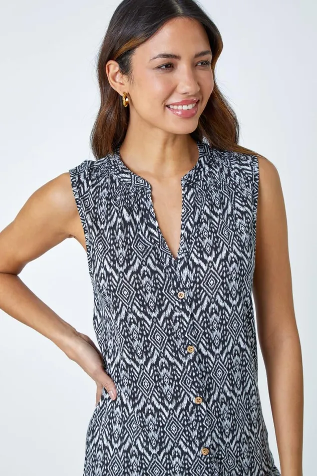Black Printed Button Through Jersey Blouse Women Roman Tops