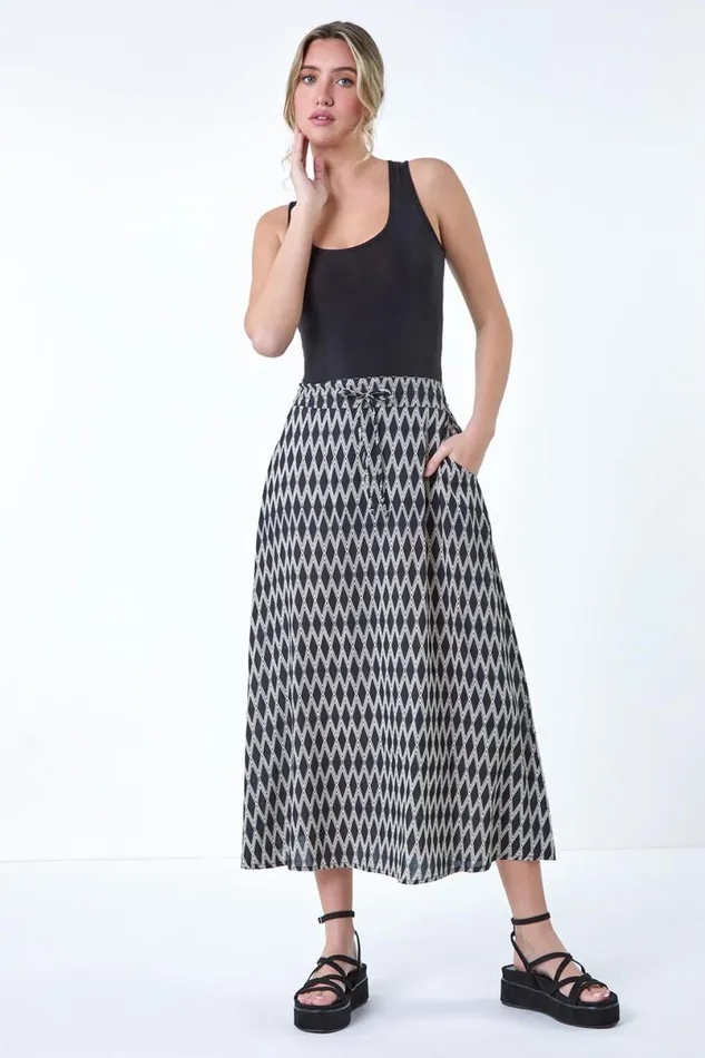 Black Printed Tie Front Pocket Skirt Women Roman Skirts