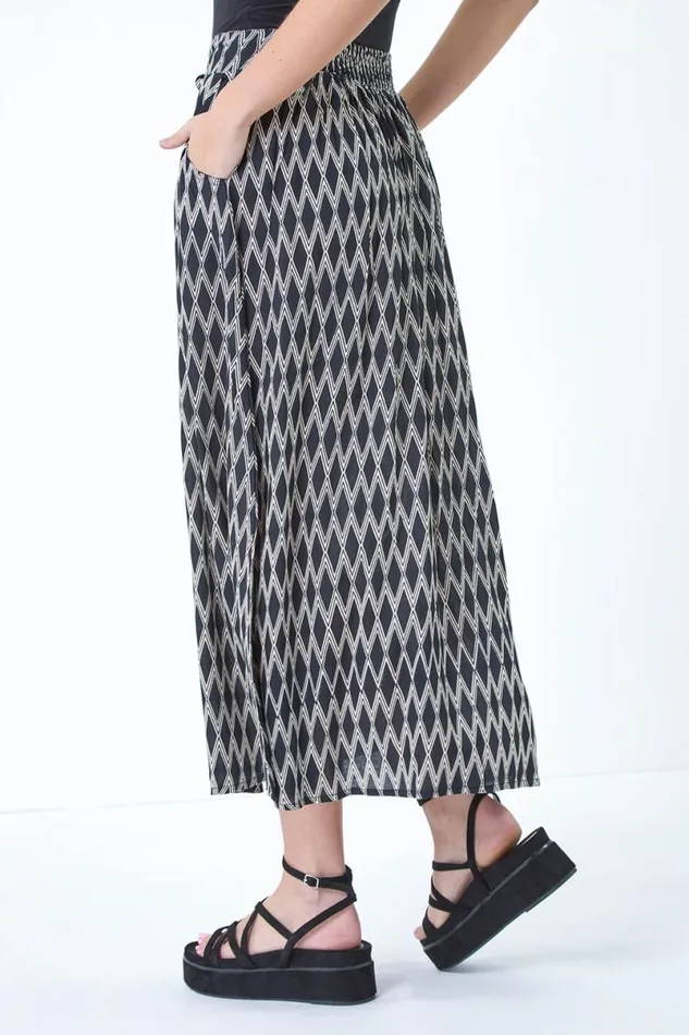 Black Printed Tie Front Pocket Skirt Women Roman Skirts