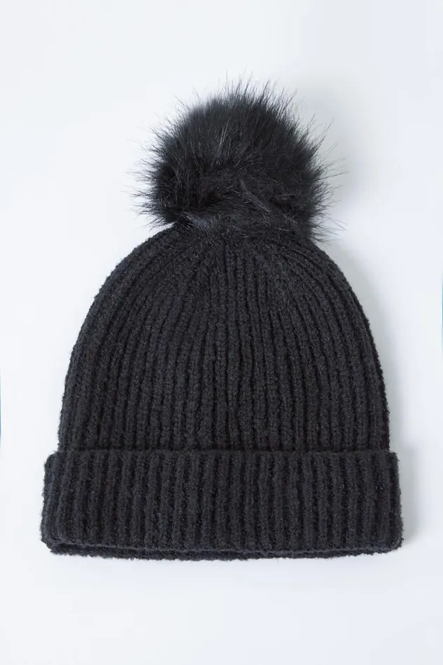 Black Ribbed Pom Pom Beanie Hat Women Roman Hats