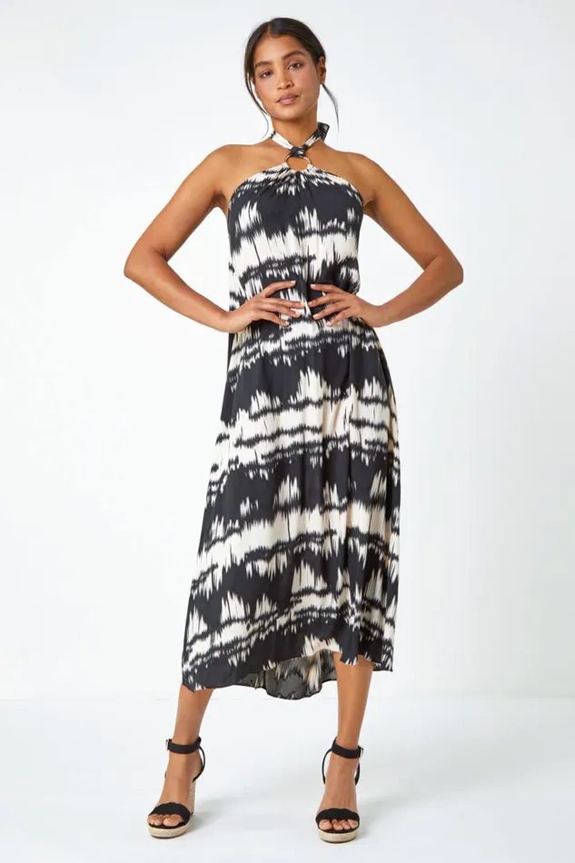 Black Ring Detail Halter Neck Dress Women Roman Dresses