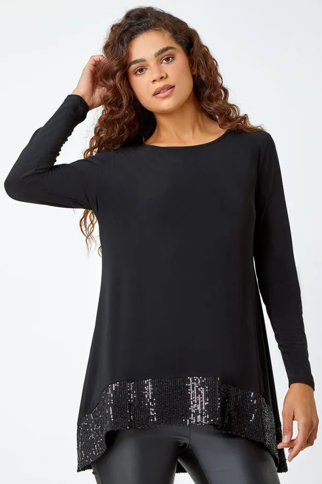 Black Sequin Hem Stretch Tunic Top Women Roman Tops