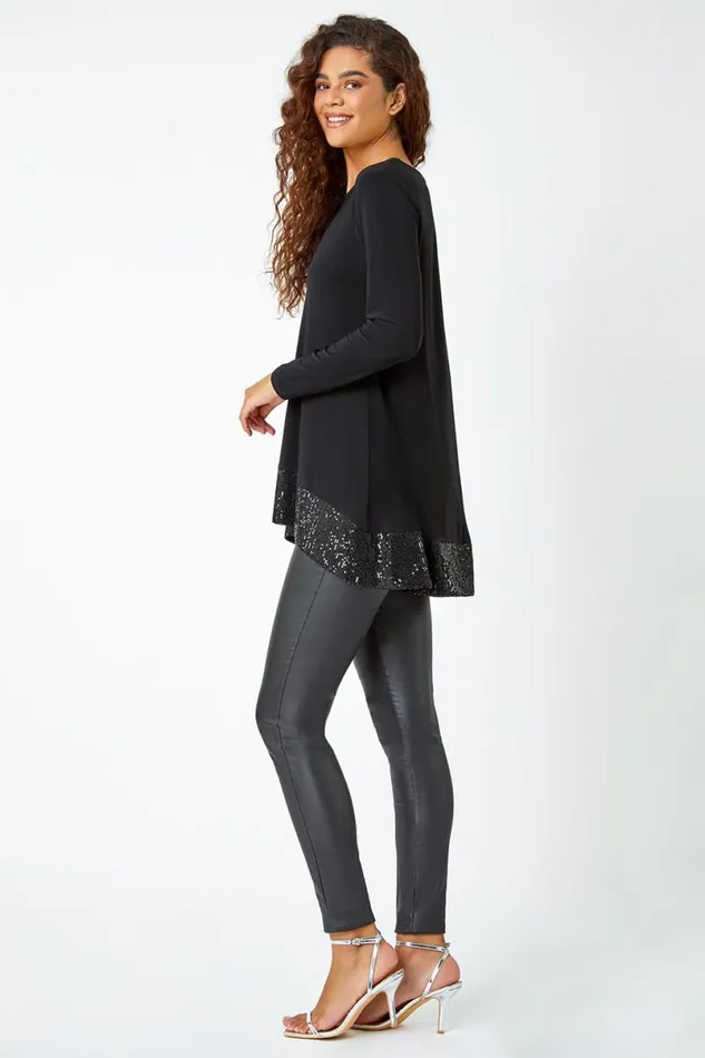 Black Sequin Hem Stretch Tunic Top Women Roman Tops