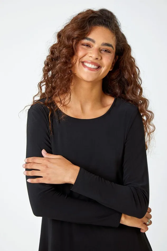 Black Sequin Hem Stretch Tunic Top Women Roman Tops
