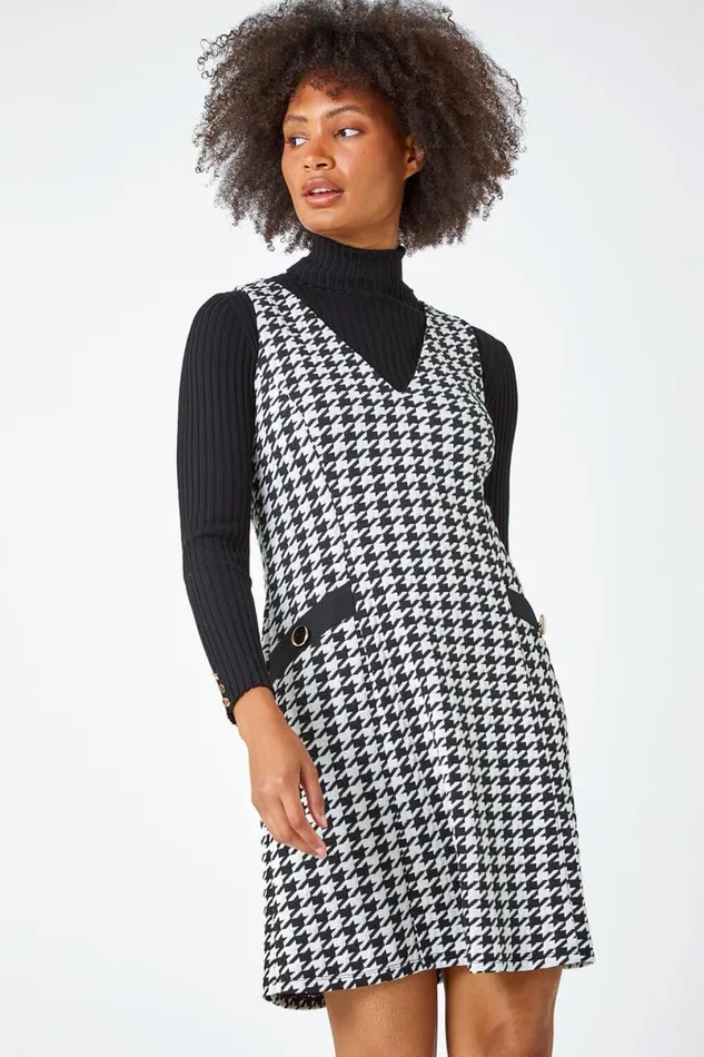 Black Sleeveless Houndstooth Stretch Dress Women Roman Dresses