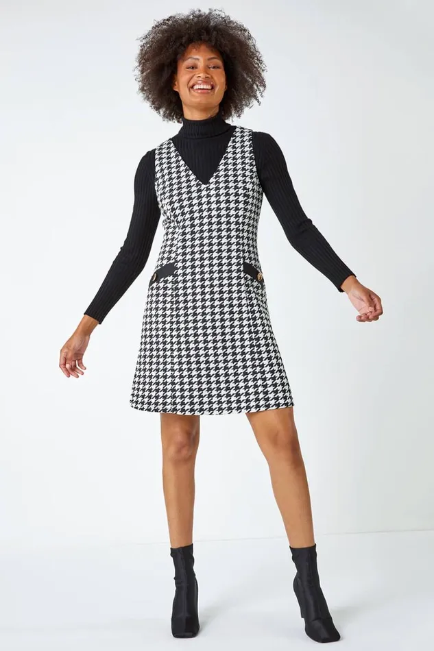 Black Sleeveless Houndstooth Stretch Dress Women Roman Dresses