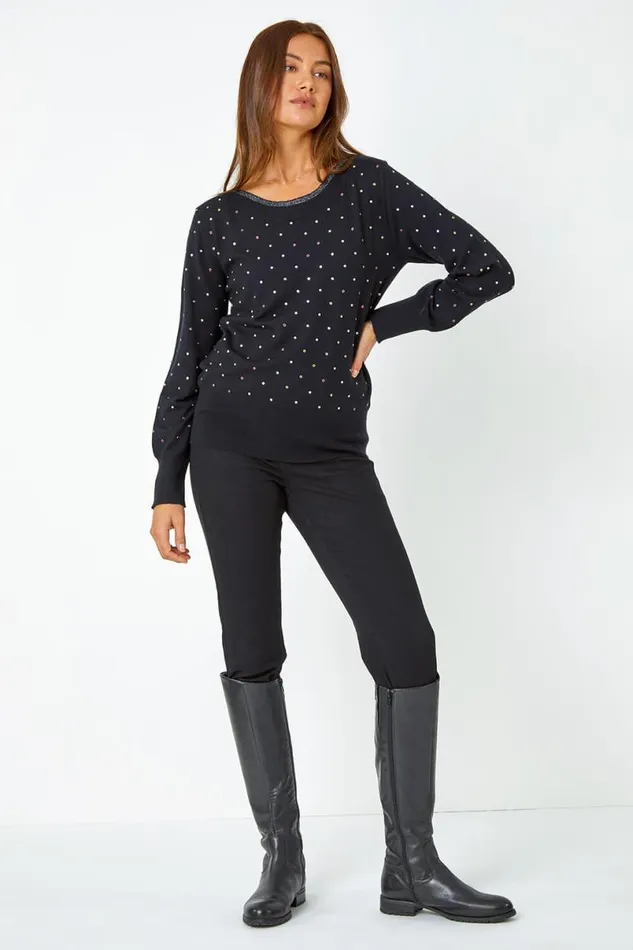 Black Sparkle Spot Embellished Jumper Women Roman Knitwear