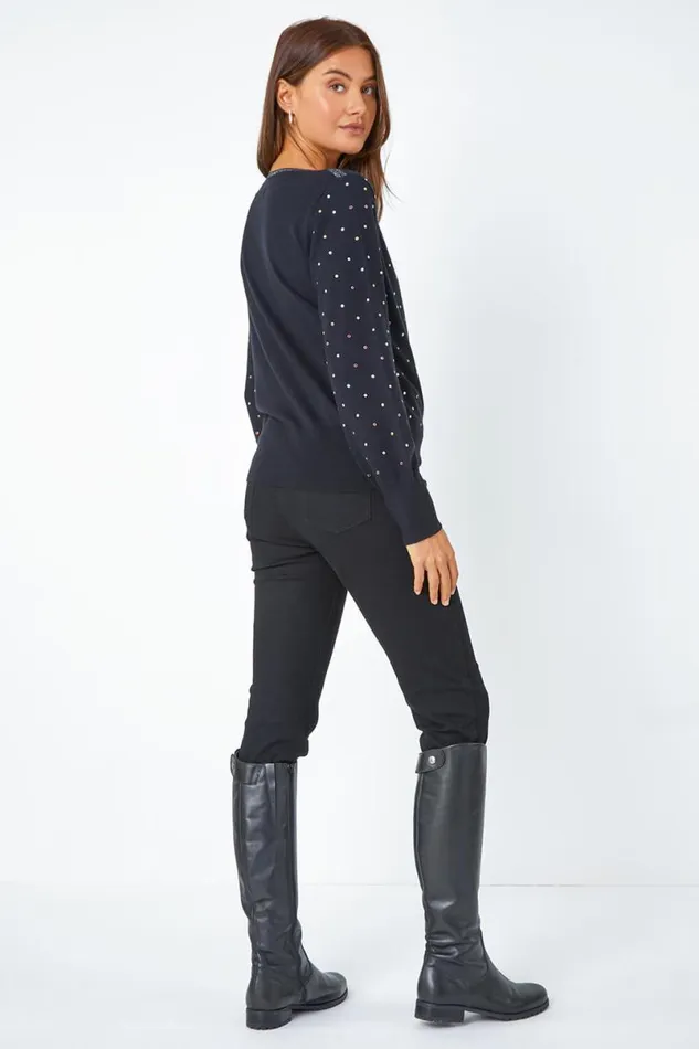 Black Sparkle Spot Embellished Jumper Women Roman Knitwear
