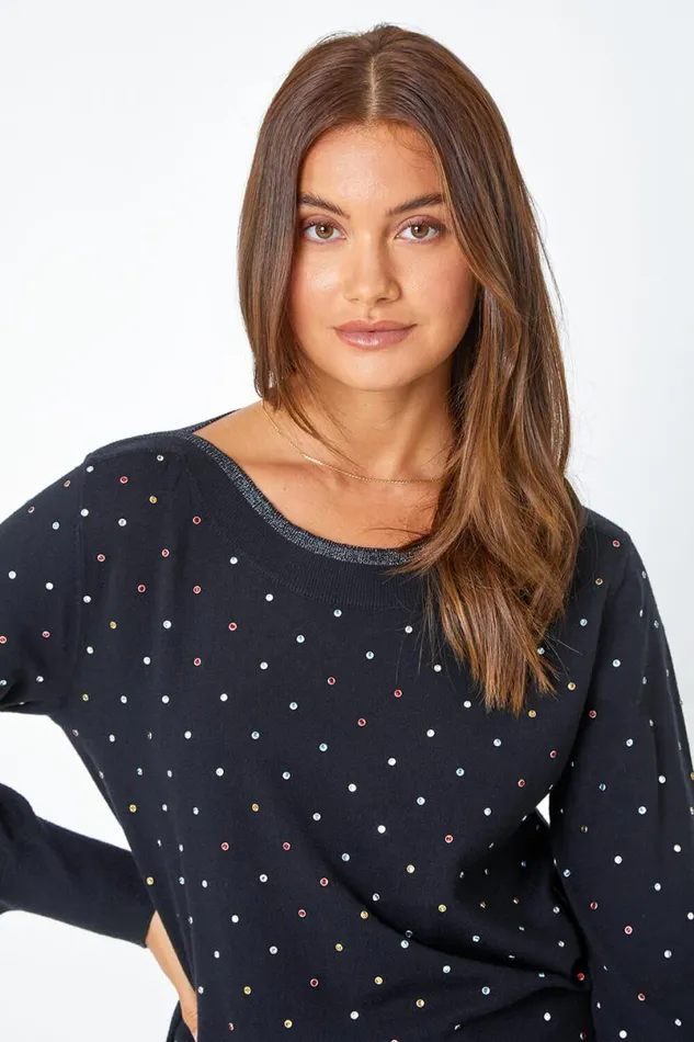 Black Sparkle Spot Embellished Jumper Women Roman Knitwear