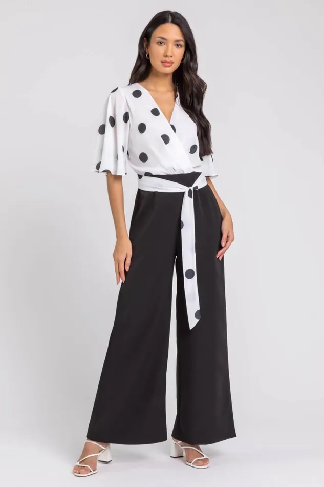 Black Spot Print Wide Leg Wrap Jumpsuit Women Roman Dresses