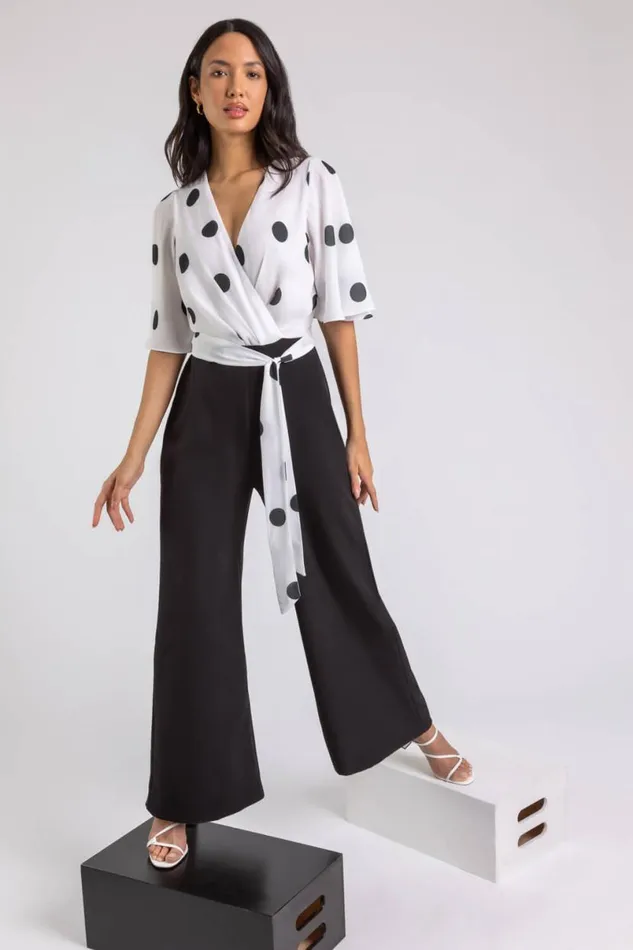 Black Spot Print Wide Leg Wrap Jumpsuit Women Roman Dresses