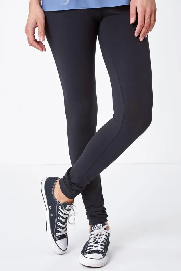 Black Stretch Plain Elastic Waist Leggings Women Roman Trousers