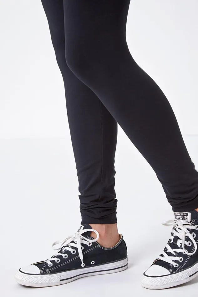 Black Stretch Plain Elastic Waist Leggings Women Roman Trousers