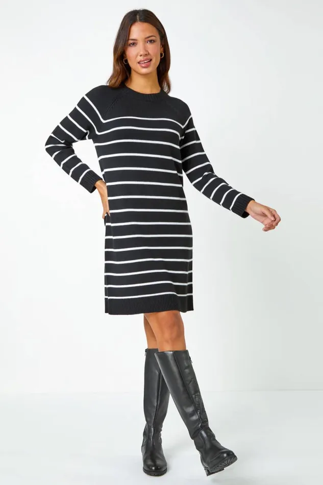 Black Stripe Print Knitted Jumper Dress Women Roman Dresses