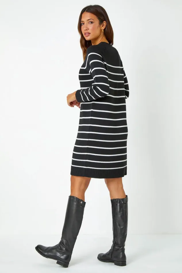 Black Stripe Print Knitted Jumper Dress Women Roman Dresses