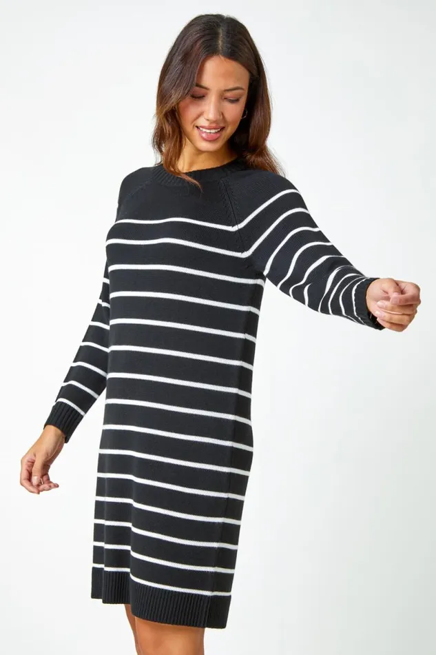 Black Stripe Print Knitted Jumper Dress Women Roman Dresses