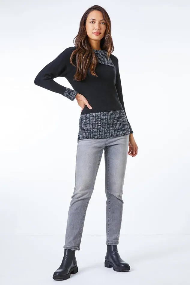 Black Textured Button Detail Longline Jumper Women Roman Knitwear