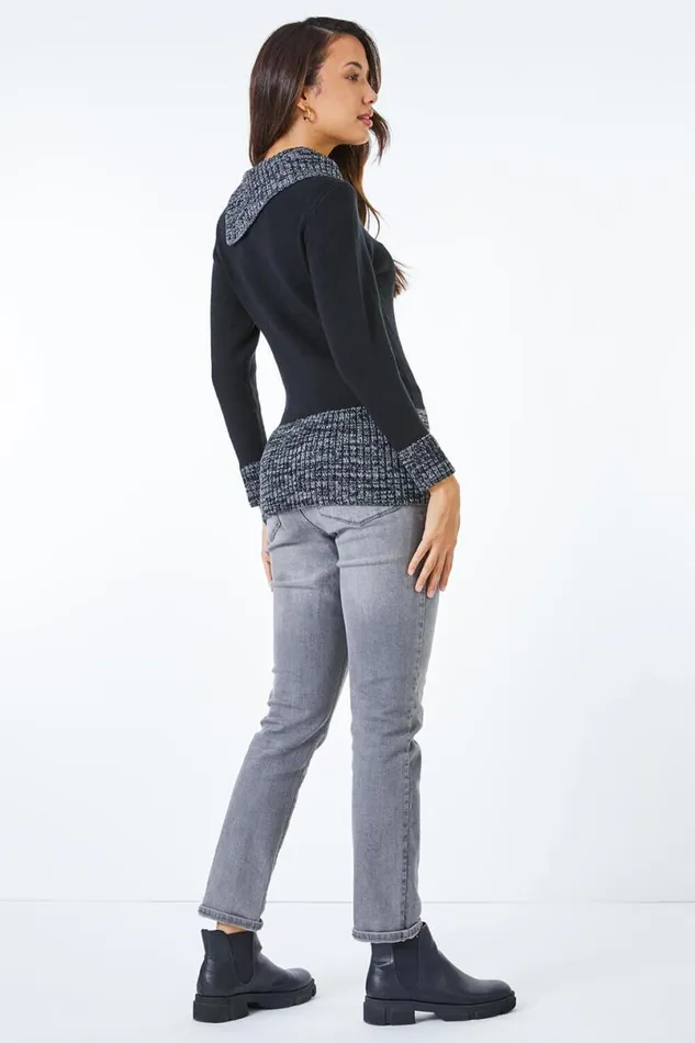 Black Textured Button Detail Longline Jumper Women Roman Knitwear