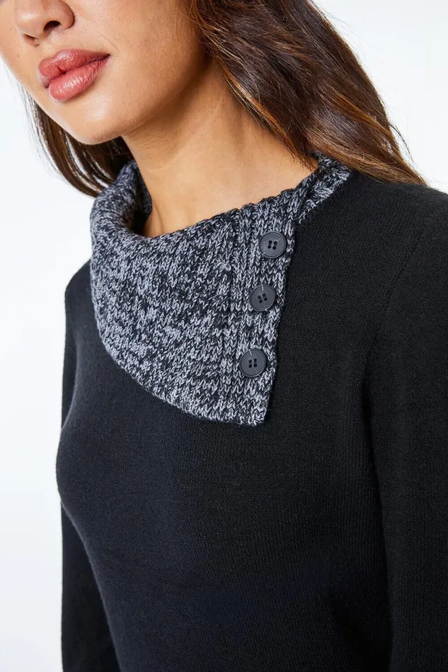 Black Textured Button Detail Longline Jumper Women Roman Knitwear
