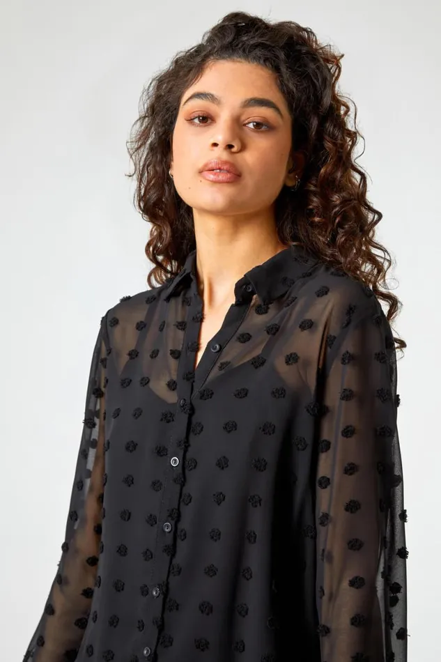 Black Textured Spot Button Up Chiffon Blouse Women Roman Tops