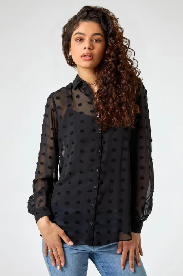 Black Textured Spot Button Up Chiffon Blouse Women Roman Tops