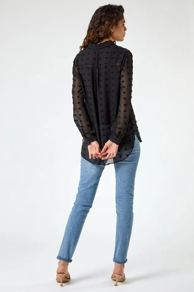 Black Textured Spot Button Up Chiffon Blouse Women Roman Tops