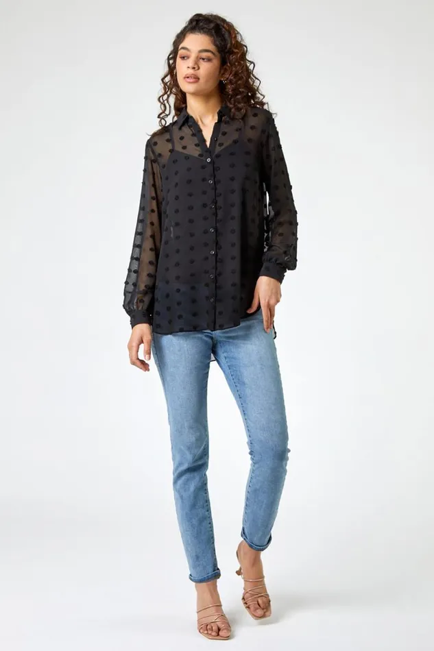 Black Textured Spot Button Up Chiffon Blouse Women Roman Tops