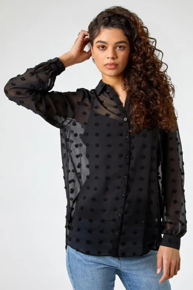 Black Textured Spot Button Up Chiffon Blouse Women Roman Tops