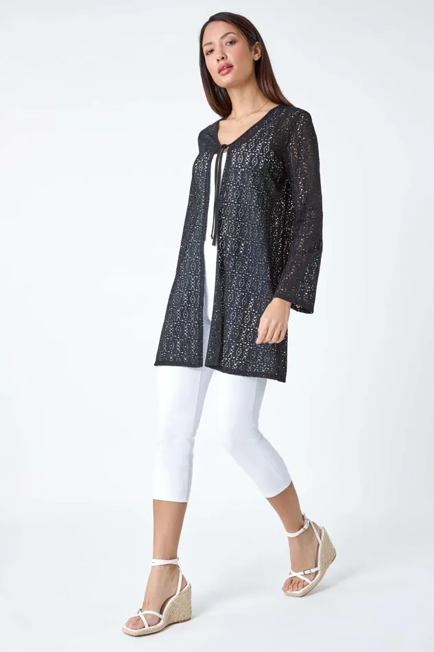 Black Tie Front Knit VNeck Longline Cardigan Women Roman Knitwear