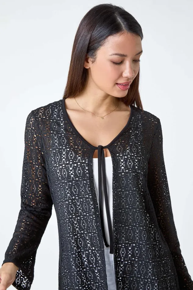 Black Tie Front Knit VNeck Longline Cardigan Women Roman Knitwear