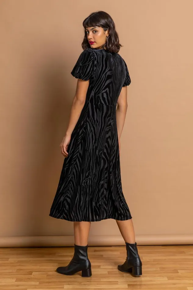 Black Zebra Print Burnout Velvet Dress Women Roman Dresses