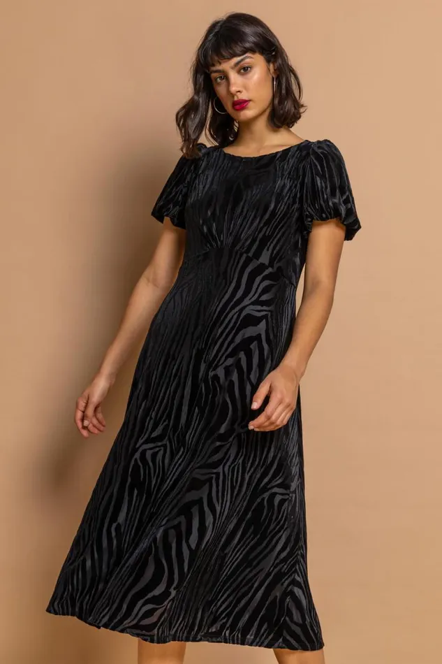 Black Zebra Print Burnout Velvet Dress Women Roman Dresses