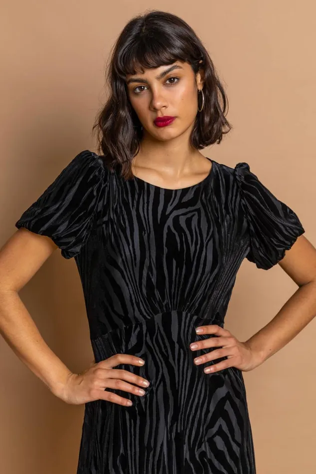 Black Zebra Print Burnout Velvet Dress Women Roman Dresses