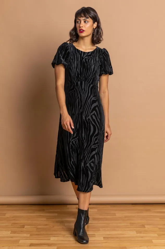 Black Zebra Print Burnout Velvet Dress Women Roman Dresses