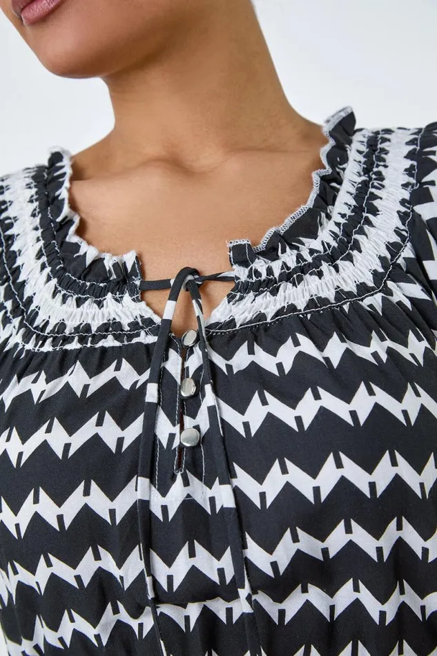 Black Zig Zag Border Print Shirred Dress Women Roman Dresses