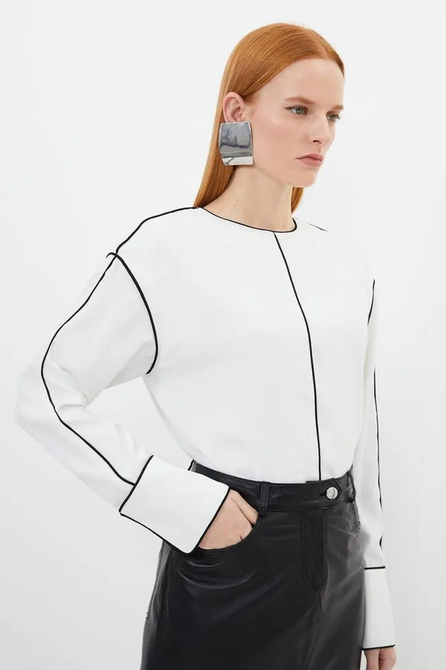 Blouses Women Karen Millen Contrast Piping Satin Back Crepe Woven Blouse Ivory