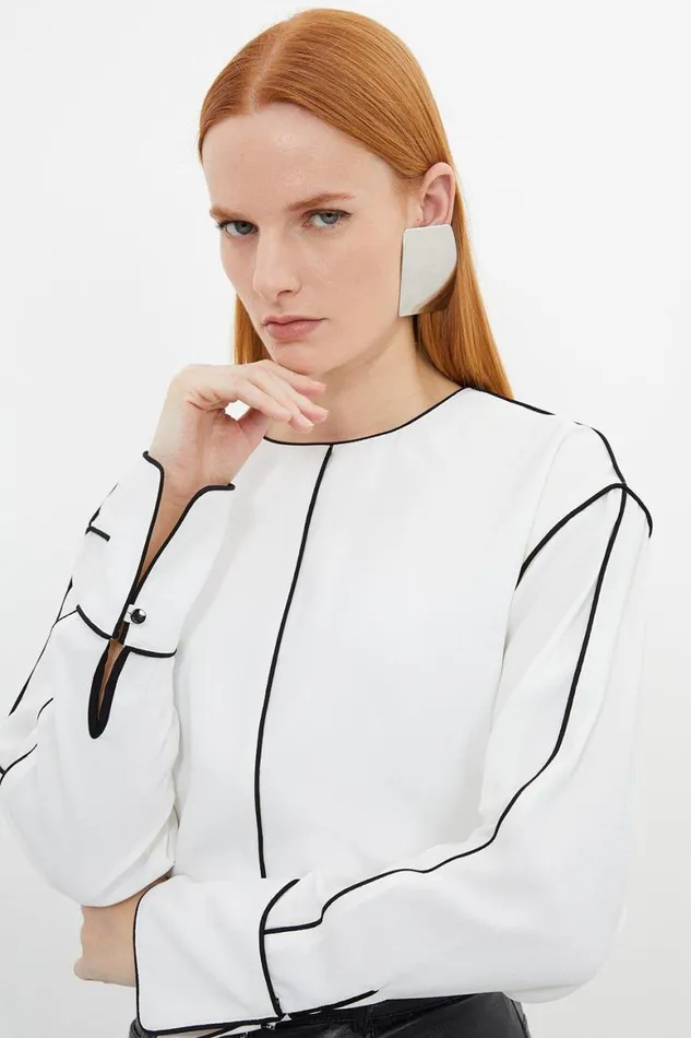 Blouses Women Karen Millen Contrast Piping Satin Back Crepe Woven Blouse Ivory