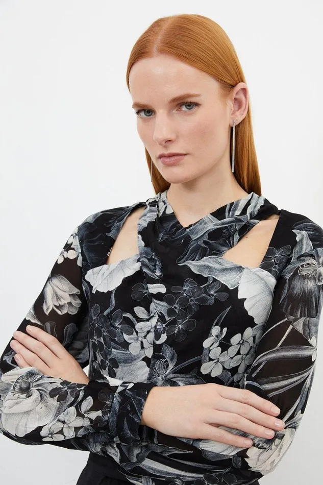 Blouses Women Karen Millen Mono Floral Viscose Georgette Cross Neck Blouse Black