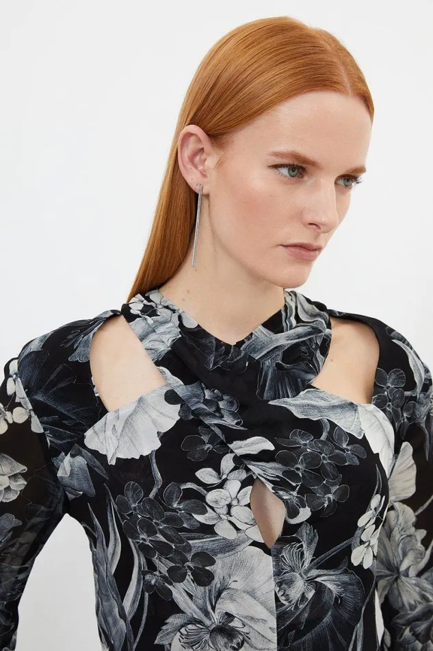 Blouses Women Karen Millen Mono Floral Viscose Georgette Cross Neck Blouse Black