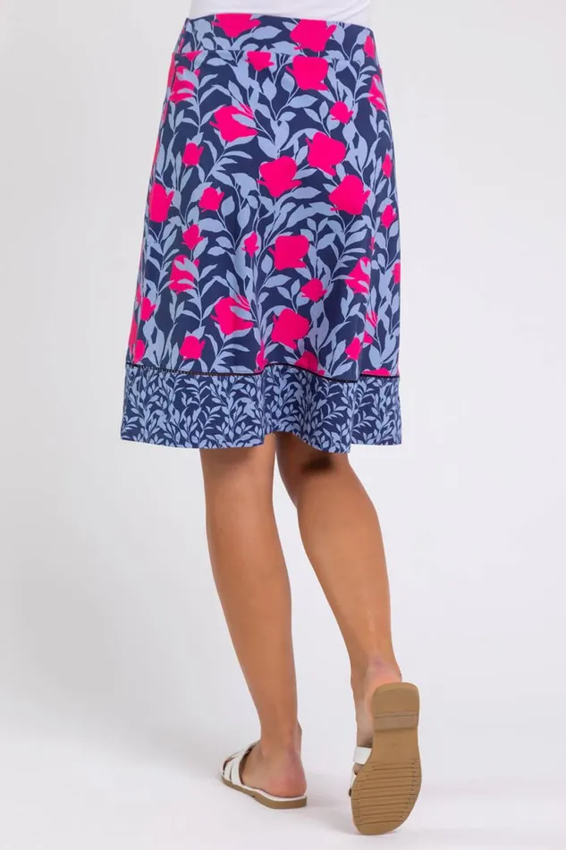 Blue A Line Floral Print Elastic Waist Skirt Women Roman Skirts