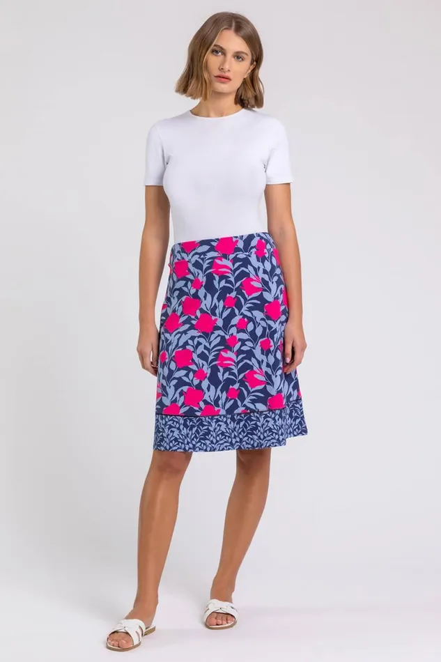 Blue A Line Floral Print Elastic Waist Skirt Women Roman Skirts