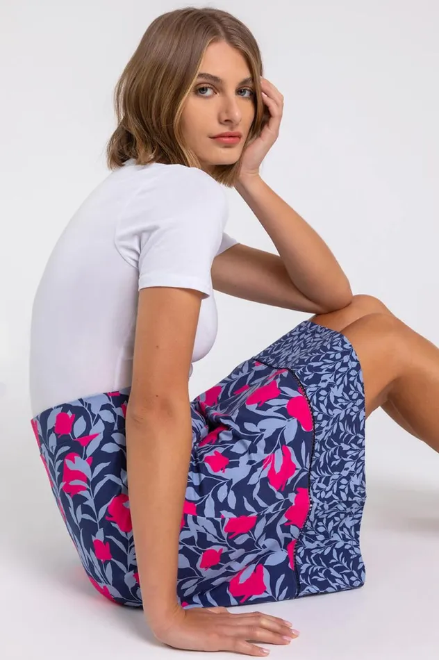 Blue A Line Floral Print Elastic Waist Skirt Women Roman Skirts