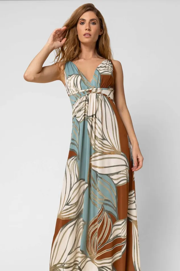 Blue Abstract Leaf Print V Neck Maxi Dress Women Roman Dresses