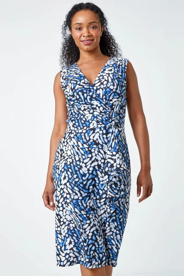Blue Abstract Print Buckle Detail Midi Stretch Dress Women Roman Dresses