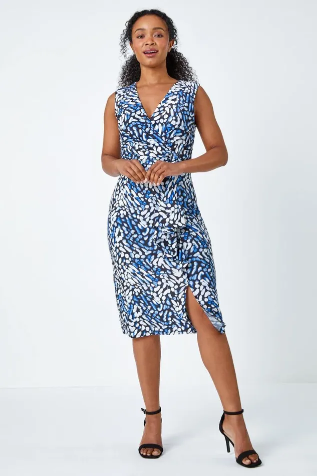 Blue Abstract Print Buckle Detail Midi Stretch Dress Women Roman Dresses