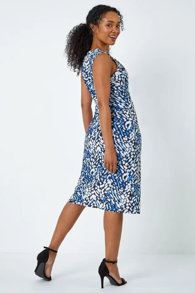 Blue Abstract Print Buckle Detail Midi Stretch Dress Women Roman Dresses