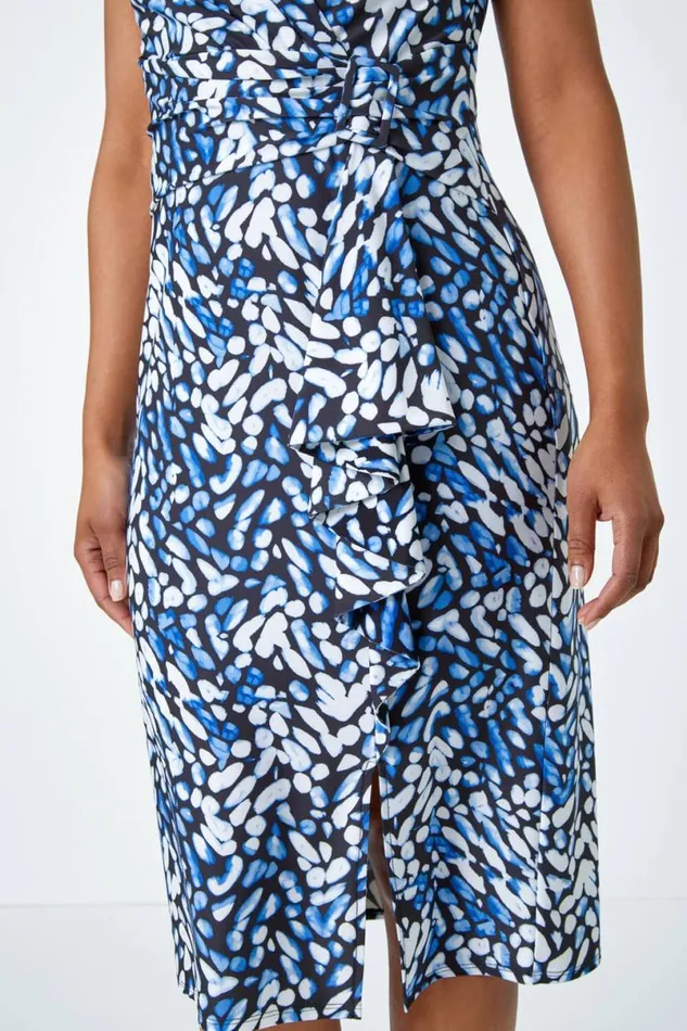Blue Abstract Print Buckle Detail Midi Stretch Dress Women Roman Dresses