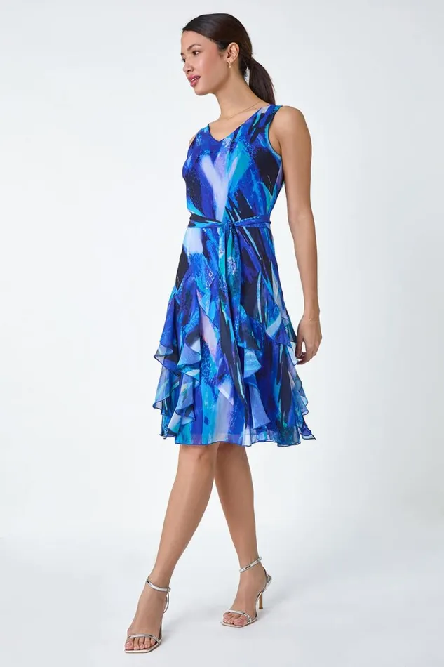 Blue Abstract Print Frill Detail Dress Women Roman Dresses