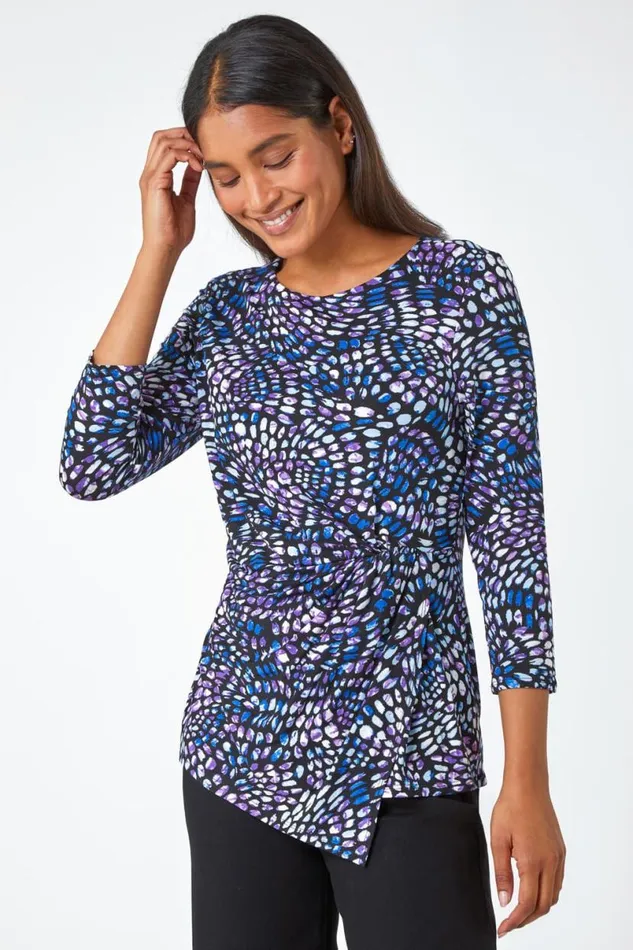 Blue Abstract Print Side Twist Stretch Top Women Roman Tops