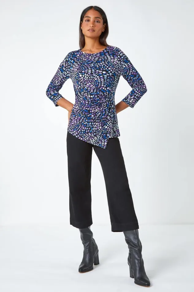 Blue Abstract Print Side Twist Stretch Top Women Roman Tops